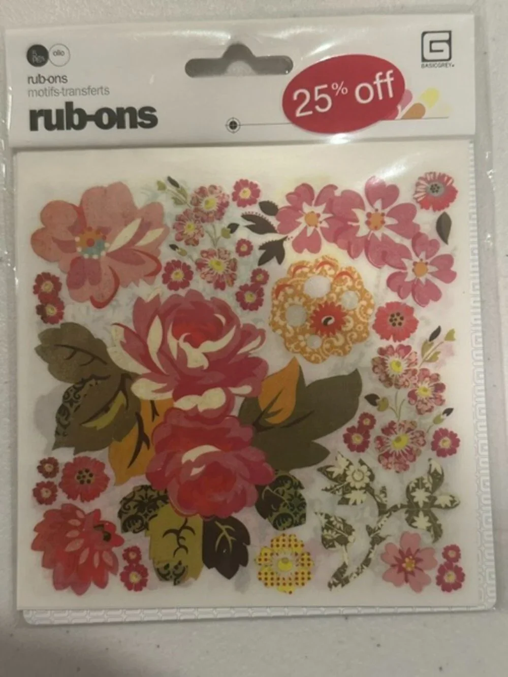 NEW Basic Grey Floral Rub-Ons-Set of 3